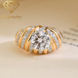 Bague Cocktail Bicolore en Or Jaune 14K Antique avec Diamant de Laboratoire Rond IGI de 2 Carats, Bande Dôme, Style Rétro, Esthétique Ins, Bijou Tendance - Product Image 1