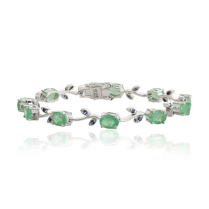 Nueva Llegada, Pulsera Fina de Plata de Ley 925 con Diseño Floral, 100% Genuina con Esmeralda y Zafiro Azul - Product Image 1