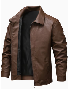 TRIBON SPORTS <b>Men's</b> Black Cow Skin <b>Leather</b> Bomber <b>Jacket</b> Stand Collar Zipper Closure Slim Fit Regular Sleeve Solid Color Winter - Product Image 2