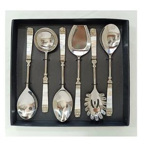 Ensemble d'ustensiles de service de luxe en acier inoxydable avec manches en nacre, six pièces, passe au lave-vaisselle, coffret cadeau pour mariages, hôtels, traiteurs. - Product Image 1