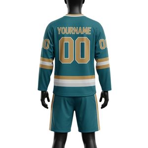 Ensemble short et maillot de hockey sur glace sublimé pour homme, col en V, rayé, vert sarcelle et or, en polyester, uniforme sportif athlétique pour équipe, entraînement - Product Image 2