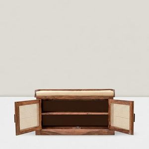 Sheesham Wood Shoe Rack with Cane Doors, Cushioned Top <b>Seat</b>, Honey Matt Lacquer Finish, 105x35x60 cm, Traditional - Product Image 2