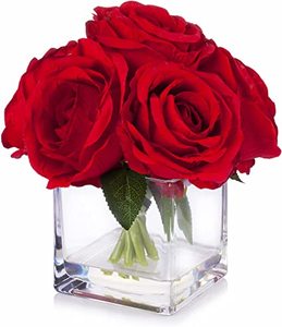 Luxury Real Touch Silk Red Rose <b>Artificial</b> <b>Flower</b> <b>Arrangement</b> with Square Acrylic <b>Vase</b> Faux Floral Centerpiece for Home Decor - Product Image 1