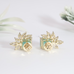 Pendientes de Oro Amarillo con Esmeralda Verde, Clásicos, con Diamantes de Corte Cuadrado, Cristal y Flores, Joyería Fina - Product Image 4