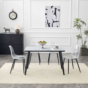 Juego de Comedor con Textura de Mármol Imitación Blanco, Cubierta de Vidrio con Base Inferior de MDF y Patas de Metal Negro, 4 Sillas Transparentes Emparejadas - Product Image 3