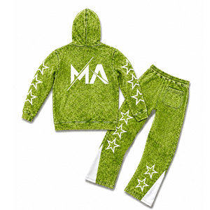 Conjunto de chándal gris con capucha y efecto acid wash, con estrellas blancas y pantalones largos con cordón de 350 gsm, 100% algodón, estilo streetwear. - Product Image 6