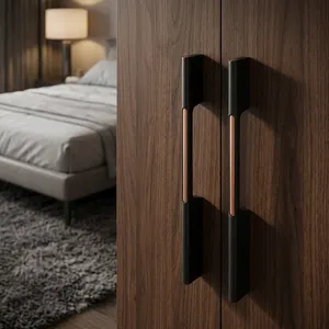 Poignée de porte longue en aluminium moderne KELLTON avec accent or rose, poignée de porte d'entrée décorative noire - Product Image 6
