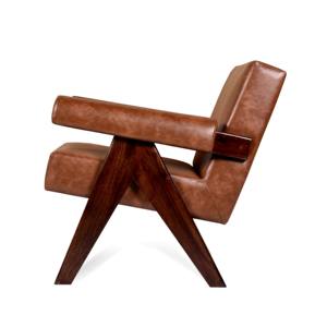 Fauteuil de salon rembourré style Pierre Jeanneret en bois massif avec pieds en V et finition cuir pour bureau de direction - Vente en gros - Product Image 3
