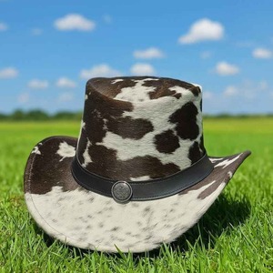 Premium quality custom Handmade unisex Cowhide Hair On Leather Top <b>Hat</b> With Western <b>Band</b> Festival Style - Product Image 1