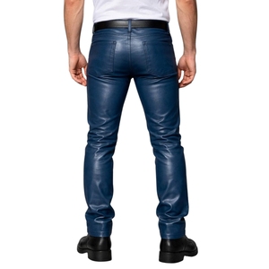Pantalon en cuir bleu marine, coupe slim, pantalon en cuir véritable, classique, 5 poches, pantalon de motard, élégant, pour homme - Product Image 5
