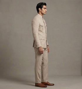 Traje de Safari Beige para Hombre, Corte Slim Fit, Tela TR, Pliegues Delanteros, Estilo Americano, Hecho en India, Calidad Premium, Gran Venta - Product Image 3