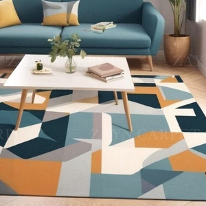 Hand <b>Tufted</b> Blue Mustard Geometric Wool <b>Rug</b>, Modern Abstract Area Carpet for Living Room Bedroom Home Decor Wholesale Supplier - Product Image 3
