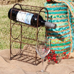 Vintage Metal Wire 2 Bottle Rack Elegant Wine Holder Perfect For Patio Beverage Keeps Wine Or Drinks Arranged On Patio <b>Tables</b> - Product Image 1