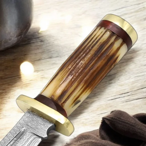 Damascus Steel Outdoor Hunting Knife With Long Cutting Blade Decorative Antler Handle Protective Finger <b>Guard</b> And Leather - Product Image 3