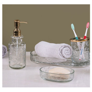 Premium Luxury Round Gradient Glass Bath Set Gold Pump Soap Dispenser <b>Toothbrush</b> <b>Holder</b> Soap Tray Tumbler Cup for Bathroom Use - Product Image 6