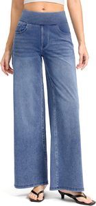 High Waist Wide wax Leg Denim Pants Loose Fit Solid Color <b>Elastic</b> Waist Casual <b>Jeans</b> With Pockets - Product Image 2