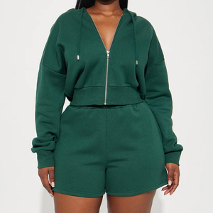 Ensemble sweat-shirt à capuche et short en polaire pour femme, 2 pièces, vert uni, vêtements de sport décontractés, fermeture éclair sur le devant, coupe régulière, longueur au-dessus du genou - Product Image 3