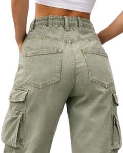 Jean cargo en denim vert olive taille haute à jambe large avec plusieurs poches, style urbain, coupe décontractée pour femme, personnalisable OEM - Product Image 6