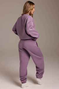 Conjunto Deportivo de Algodón para Mujer, Color Morado Sólido, Informal, Transpirable, Manga Larga, Cuello Redondo, Corte Holgado con Pantalones con Cordón - Product Image 5