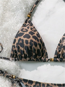 Conjunto de Bikini con Estampado de Leopardo para Mujer, Top Halter con Lazos Laterales, Parte Inferior de Spandex y Poliéster, Traje de Baño de Dos Piezas Elástico - Product Image 4