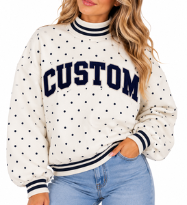 Sweat-shirt pour femme bleu marine à manches bouffantes, avec appliqué lettre, col montant, en polyester/coton, infroissable et respirant - Product Image 1