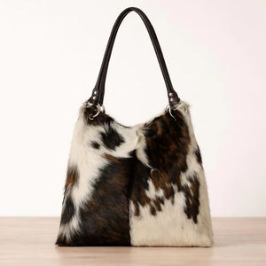 Sac fourre-tout en cuir véritable de vachette à poils, brodé, avec fermeture éclair, style vintage, pour femme, personnalisable LHTB-0012 - Product Image 1