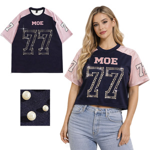 Trendy 2027 Pink Satin Raglan Sleeve Pearl <b>Rhinestone</b> American Football Jersey Cropped <b>Mesh</b> Y2K Hip Hop Women's Streetwear <b>Top</b> - Product Image 1