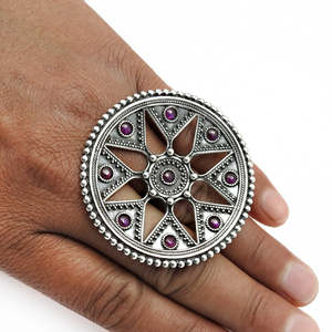 925 <b>Silver</b> <b>Statement</b> <b>Ring</b> For Women Handmade Geometric Design With Round Cut Multi Ruby Gemstone Adjustable Design Boho <b>Rings</b> - Product Image 3
