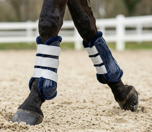 Premium Dark Navy Blue Patent Faux Leather Horse Shockproof <b>Brushing</b> <b>Boot</b> Matching Fur Padded Glitter Velcro Strap - Product Image 3