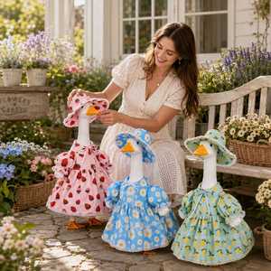 Décoration de jardin d'été : Statue de canard en dentelle imprimée fraises pour véranda - Product Image 4