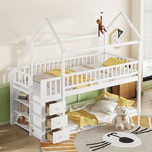 Letto a Castello per Bambini Bianco con Mensole e Cassetti - Product Image 1