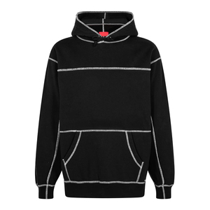 Sweat à capuche noir oversize pour homme avec surpiqûres contrastées blanches, coupe ample, style streetwear décontracté, sweats à capuche pour homme - Product Image 1