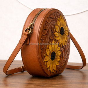 Trending Western Handmade Genuine Leather Sunflower Crossbody Bag Hand-Carved Floral Tooled Canteen Purse for Women Custom OEM - Product Image 4