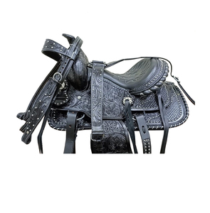 Selle de cheval Western en cuir noir, sculptée à la main avec motifs floraux, siège confortable et souple, arbre en plastique de 10 à 18 pouces avec kit de harnais LLT - Product Image 4
