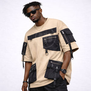 T-shirt long homme tendance, style streetwear, avec poches cargo tactiques surdimensionnées, sérigraphié, respirant et à séchage rapide – Grande Vente - Product Image 2