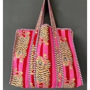 Women's Vintage Handmade Quilted Cotton Bag Block Printed Quilted Shoulder Bag with Zipper Closure Summer Spring Travel Tote Bag - Product Image 1