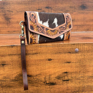 Cartera de mano de cuero de lujo con diseño de girasoles a la moda 2025, tarjetero de cuero de vaca genuino para mujer - Product Image 4