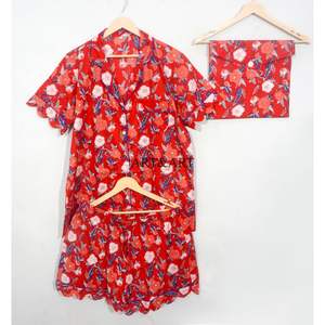 Conjunto de Pijama de Verano 100% Algodón Puro, Elegante y Clásico, con Estampado a Mano, Pantalones Cortos Tipo Canguro con Bolsillos, Suave y Transpirable - Product Image 6