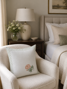Modern Minimal Floral Cushion Cover in Hand <b>Block</b> Printed Cotton for Sofa Couch Chair and Home Interiors - Product Image 1