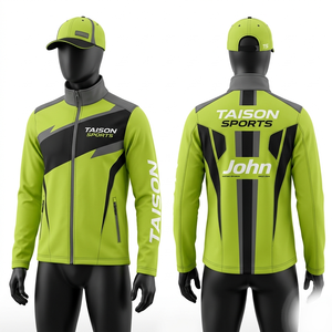 Veste softshell de karting pour homme 320 GSM en polyester et élasthanne, design à empiècements vert lime, noir et gris, personnalisation par sublimation et broderie thermique - Product Image 1