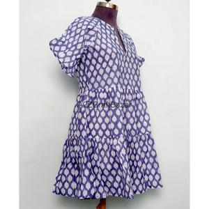 Robe courte pour femmes, printemps et été, 100% coton, imprimé floral, tissu tricoté, manches courtes, silhouette en A, respirante, pour les fêtes - Product Image 4