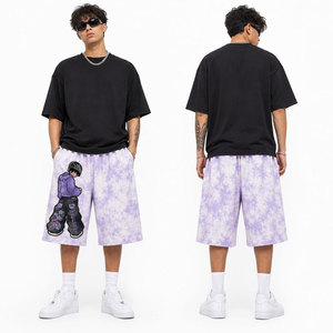 Pantalones Cortos Bermuda para Hombre, Color Morado Tie Dye, con Estampado de Personajes, Cintura Elástica, Estilo Casual, Algodón, Lavado Ácido - Product Image 4