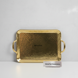 Nouveau plateau de service rectangulaire en métal martelé plaqué or avec poignées pour table basse, décoration de fête et de maison de luxe - Product Image 6