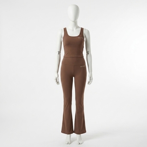 Women Brown Ribbed Tank Top High Waist <b>Flare</b> <b>Leggings</b> <b>Yoga</b> Set Gym Fitness Workout Activewear Set - Product Image 3