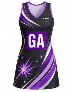 Vestido de Netball Personalizado para Mujer, Sublimado, Negro, Morado, Lila y Blanco, Sin Mangas, Cuello en V, Uniforme de Equipo con Panel de Posicionamiento - Product Image 1