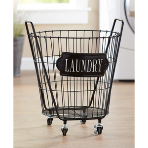 Modern Black Metal Rolling <b>Laundry</b> Basket Wheels And Ring Handles Heavy Duty Clothes <b>Storage</b> For Home & Hotel Organizer - Product Image 6
