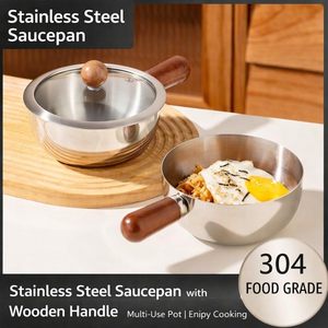 Stainless Steel Saucepan with Glass Lid 600 ML <b>Small</b> Cooking Pot with Wooden Handle Milk <b>Pan</b> for Tea Milk Sauce Gravy Noodles. - Product Image 2