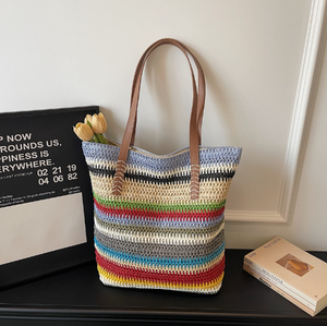 Sac fourre-tout tendance en fil naturel, rayures colorées, tissé, sac à bandoulière de luxe fait main pour usage quotidien, mode durable - Product Image 3