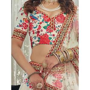 Off-White Floral Impreso Arte Seda Desgaste de la boda Lehenga Choli - Product Image 3