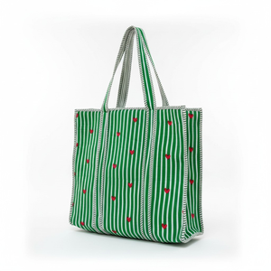 Fashion Travel Tote Bag Large Capacity Lightweight Cotton <b>Quilted</b> Indian Block Print Embroidery Zipper Bright Green White Stripe - Product Image 1